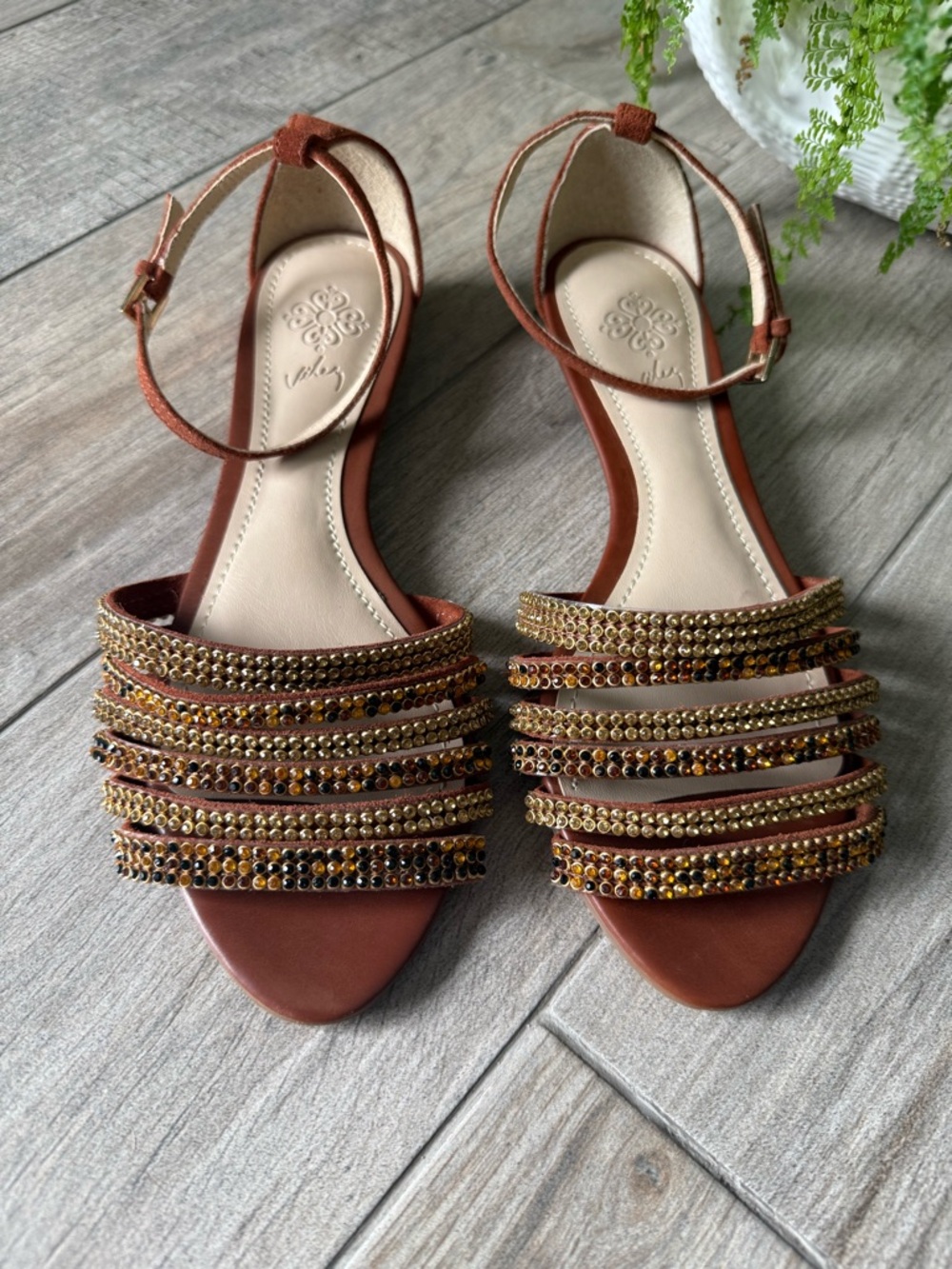 Velez Sequins Strappy Brown Women’s Sandals with Ankle Strap